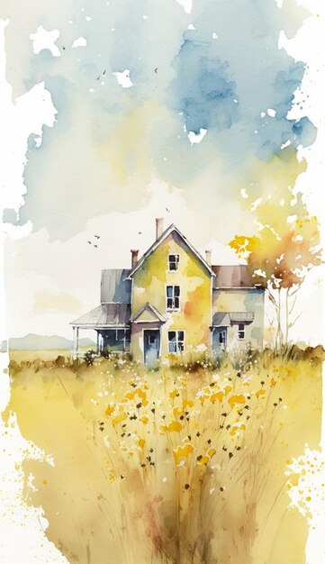 schilderij van een geel huis in een veld met gele bloemen generatieve ai