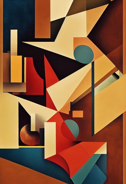 schilderij van een geometrische compositie met een rood en blauw object generatief ai