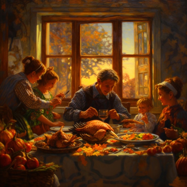 schilderij van een gezin dat rond een tafel zit met een kalkoen generatieve ai