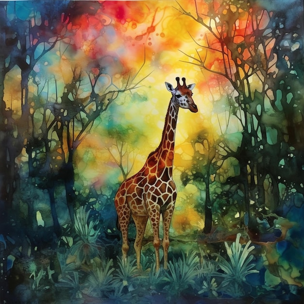 schilderij van een giraffe die in een bos staat met een kleurrijke hemel generatieve ai