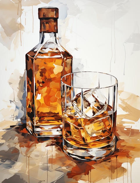 schilderij van een glas whisky en een fles whisky generatieve ai