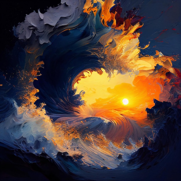 Schilderij van een golf die bij zonsondergang in de oceaan beukt generatieve ai