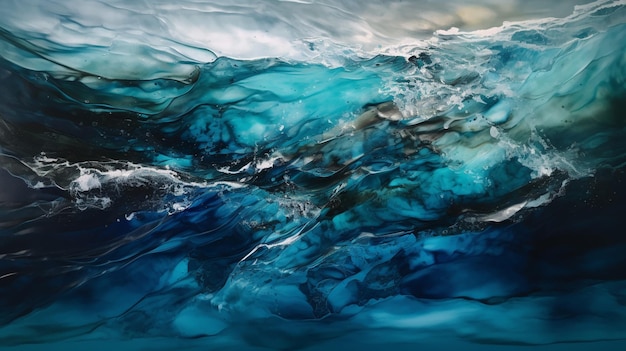 Foto schilderij van een golf die in de oceaan breekt met blauwe en witte kleuren generatieve ai
