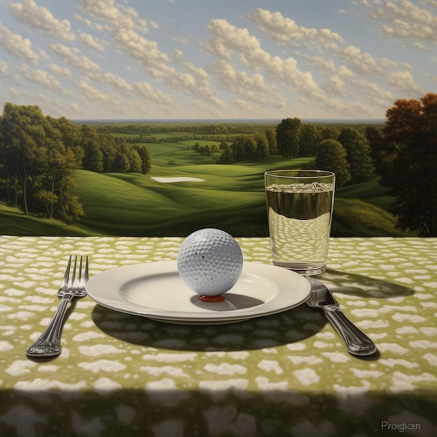 Schilderij van een golfbal op een bord met een glas water generatieve ai