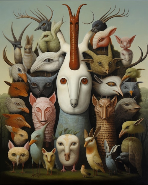 Foto schilderij van een groep dieren met een geitenhoofd omringd door andere dieren generatieve ai
