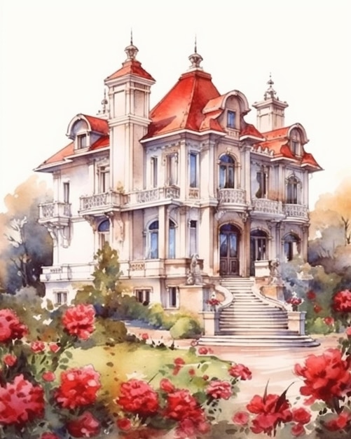 Schilderij van een groot huis met een rood dak en een trap generatieve ai