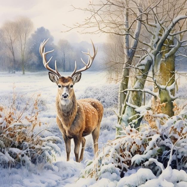 schilderij van een hert in een besneeuwd veld met bomen en struiken generatieve ai