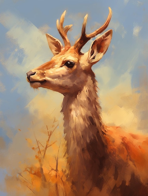 Schilderij van een hert met hoorns die in een veld staat