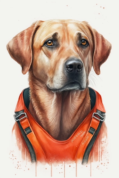 schilderij van een hond die een oranje vest en een rood shirt draagt generatieve ai