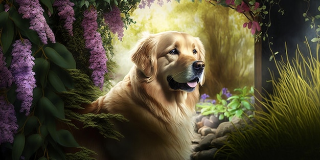 Schilderij van een hond in de tuin met bloemen generatieve ai