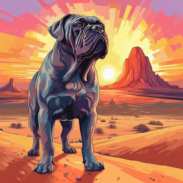 Schilderij van een hond in de woestijn met een zonsondergang op de achtergrond generatieve ai