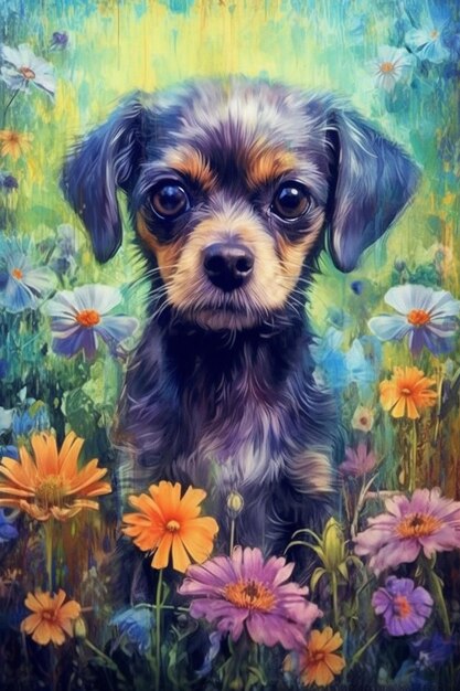 schilderij van een hond in een veld van bloemen met een vlinder generatieve ai