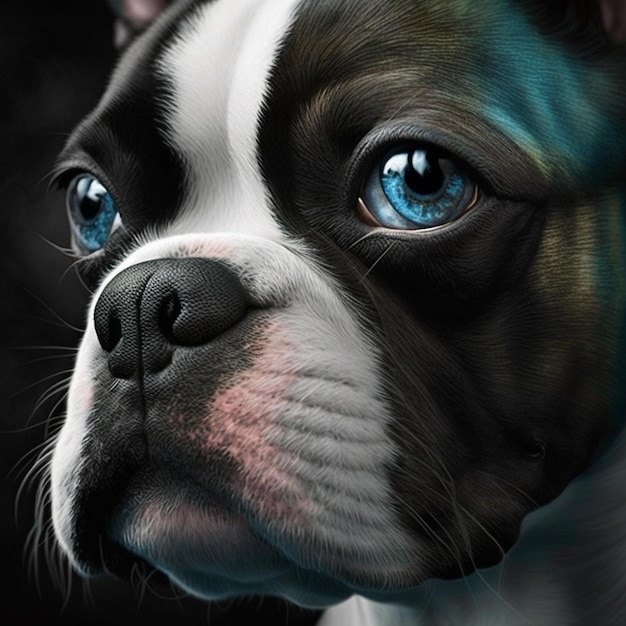 Schilderij van een hond met blauwe ogen en een zwarte achtergrond generatieve ai