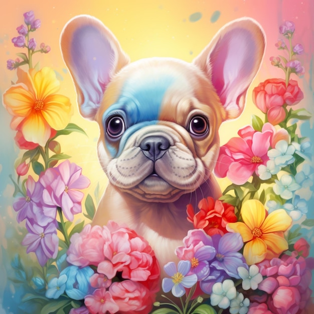 schilderij van een hond met bloemen en vlinders op de achtergrond generatieve ai