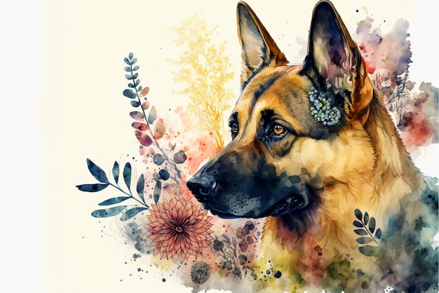 Schilderij van een hond met bloemkroon op witte achtergrond generatieve ai