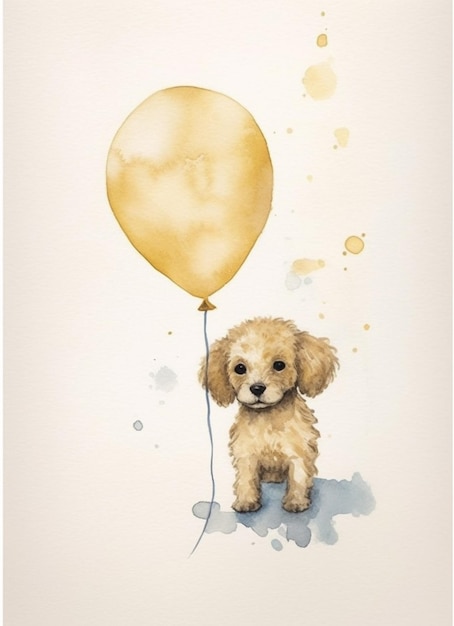 schilderij van een hond met een ballon op een witte achtergrond generatieve ai