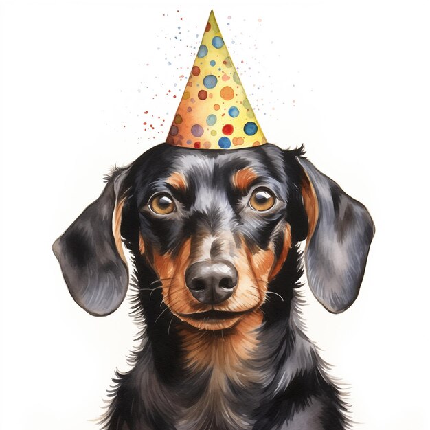 schilderij van een hond met een feestmuts met confetti erop generatieve ai