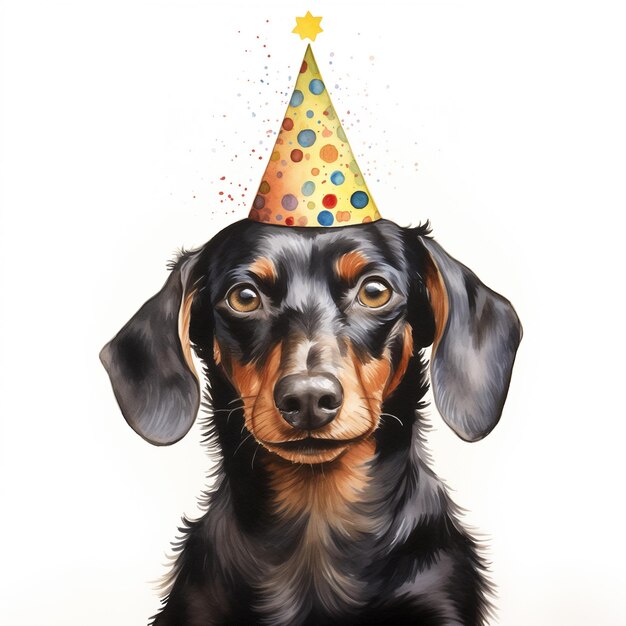 schilderij van een hond met een feestmuts met confetti erop generatieve ai