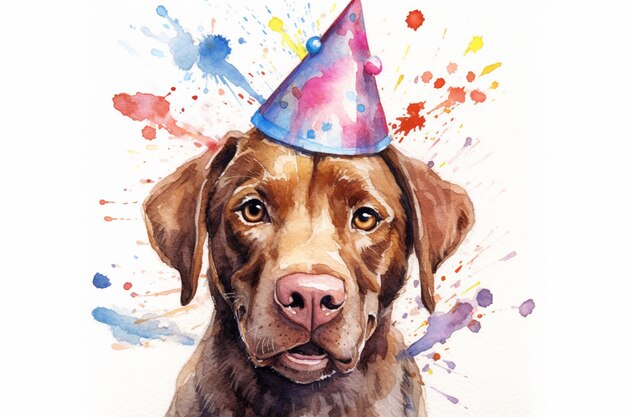 schilderij van een hond met een feestmuts met verfvlekken generatieve ai
