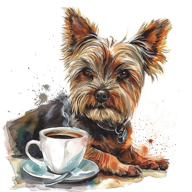 schilderij van een hond met een kop koffie op een tafel generatieve ai