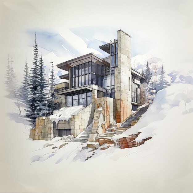 schilderij van een huis in de sneeuw met een trap die ertoe leidt generatieve ai
