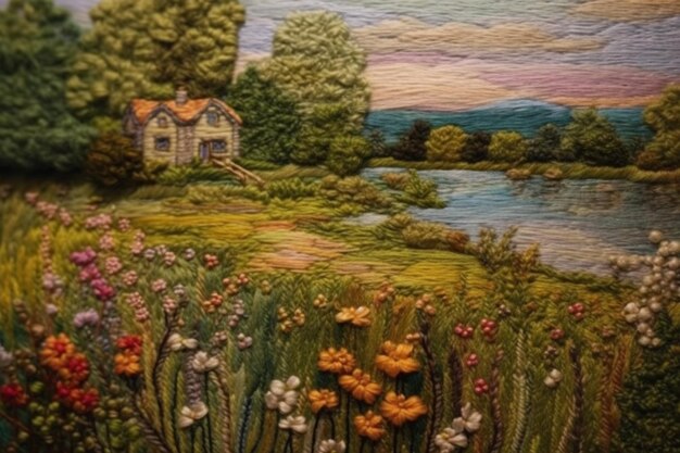 Foto schilderij van een huis in een veld met bloemen en een rivier generatieve ai