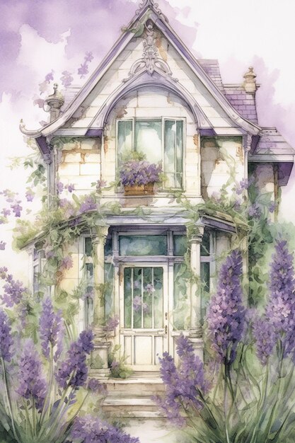 schilderij van een huis met een tuin en bloemen ervoor generatieve ai