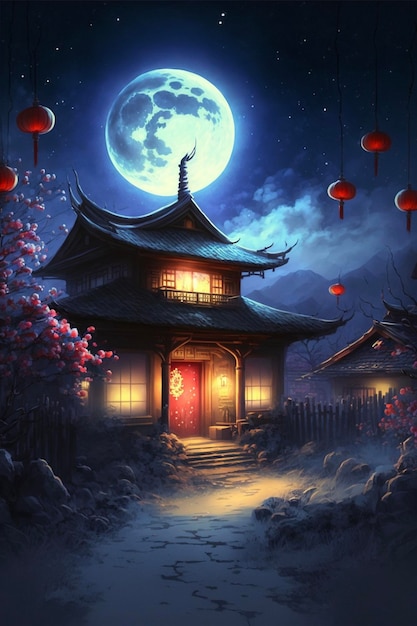 Schilderij van een huis met een volle maan op de achtergrond generatieve ai