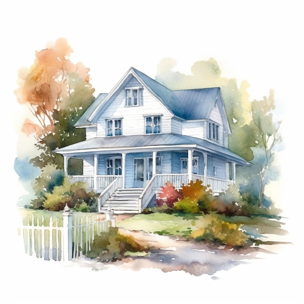 Schilderij van een huis met een witte paal en een blauw dak generatieve ai