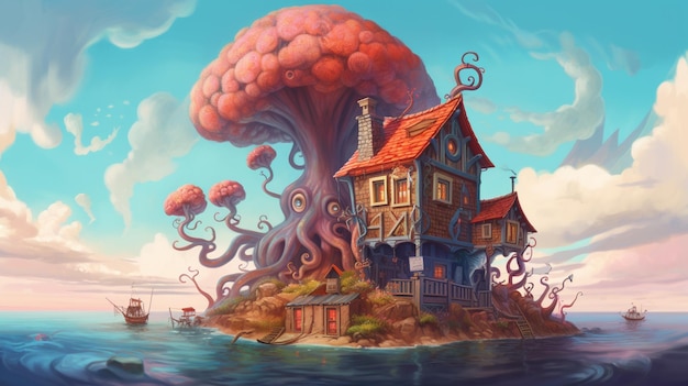 Schilderij van een huis op een klein eiland met generatieve ai tentakels van octopussen