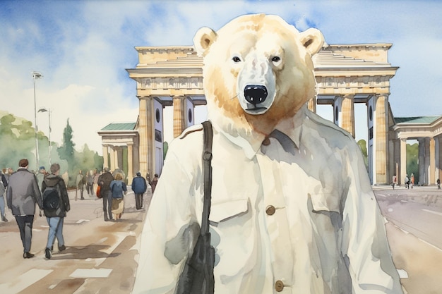 schilderij van een ijsbeer in een militair uniform die voor een gebouw staat