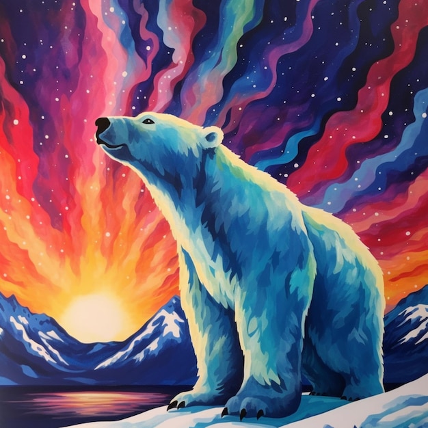 Schilderij van een ijsbeer zittend op een besneeuwde heuvel met een zonsondergang op de achtergrond generatieve ai