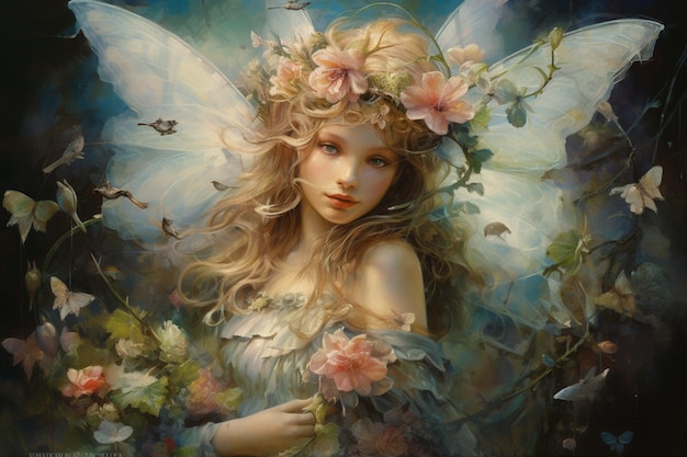 schilderij van een jong meisje met een bloemkroon en vlindervleugels generatieve ai