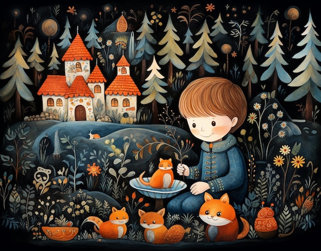schilderij van een jongen met een bord eten en een kat generatieve ai