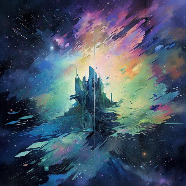 Schilderij van een kasteel in het midden van een sterrenstelsel met een hemelachtergrond generatieve ai