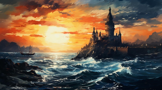 schilderij van een kasteel op een klif met uitzicht op de oceaan bij zonsondergang generatieve ai