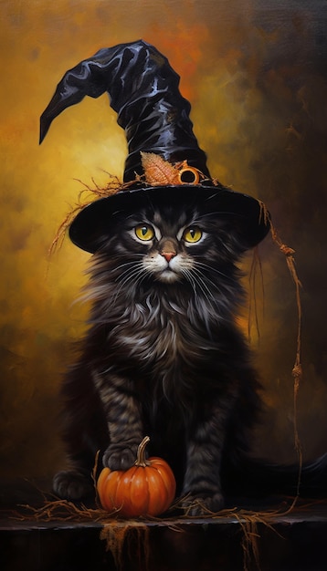 schilderij van een kat die een heksenhoed draagt en een pompoen vasthoudt generatieve ai