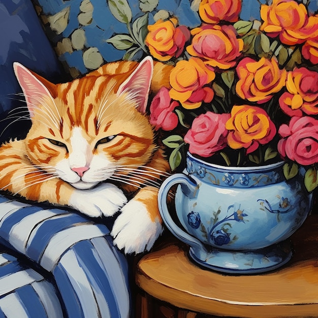 Foto schilderij van een kat die op een stoel ligt naast een vaas met bloemen generatieve ai