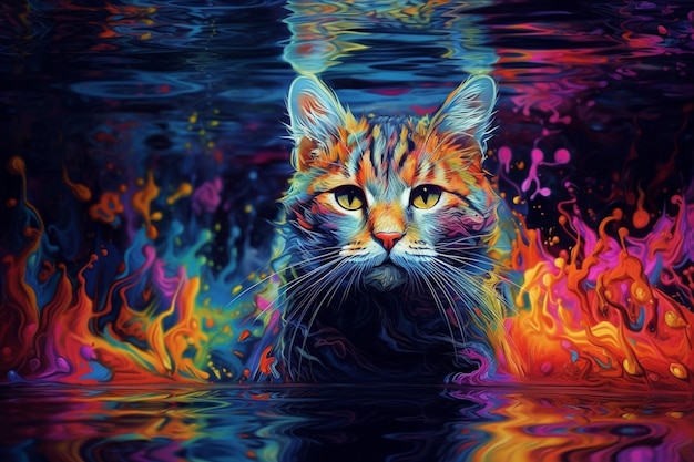 Foto schilderij van een kat in een kleurrijke vuur- en waterscène generatieve ai