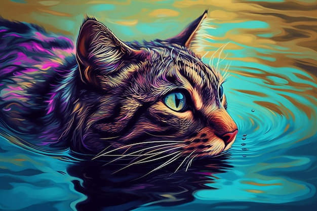 Foto schilderij van een kat in het water met een blauwe achtergrond generatieve ai