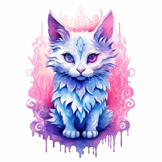 schilderij van een kat met blauwe ogen en roze achtergrond generatieve ai
