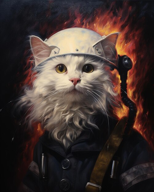 schilderij van een kat met een helm en een brandslang generatieve ai