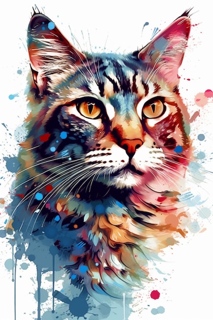 Foto schilderij van een kat met een kleurrijk gezicht en een gespatte achtergrond generatieve ai
