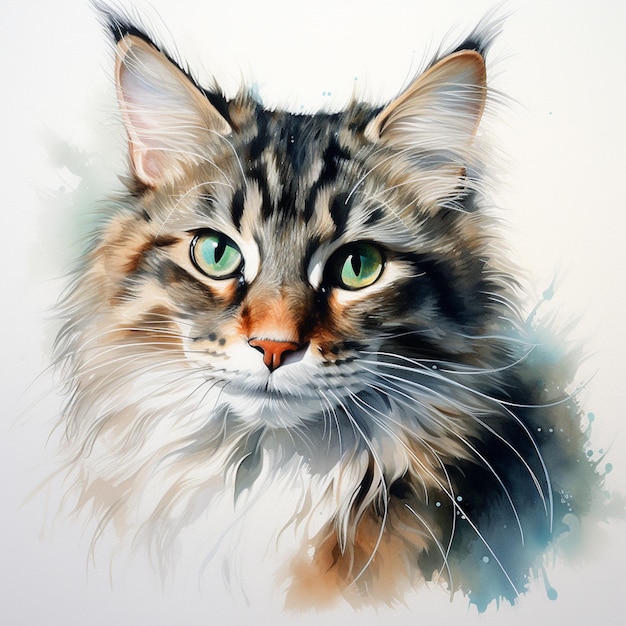 schilderij van een kat met groene ogen en lange snorharen generatieve ai