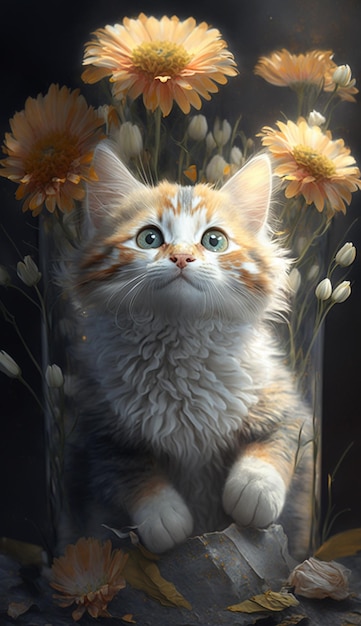 Schilderij van een kat omringd door bloemen generatieve ai