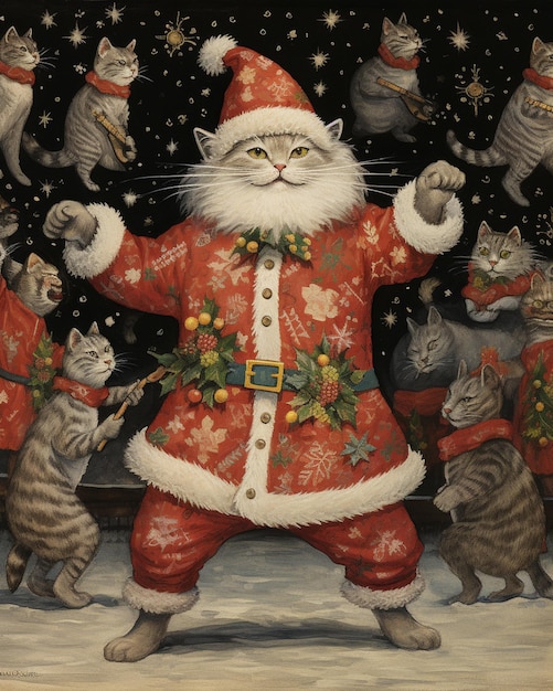 schilderij van een kat verkleed als kerstman die danst met andere katten generativ ai