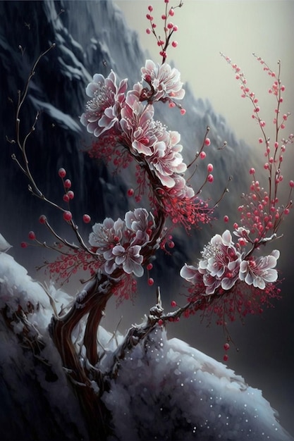 Schilderij van een kersenboom in de sneeuw generatieve ai