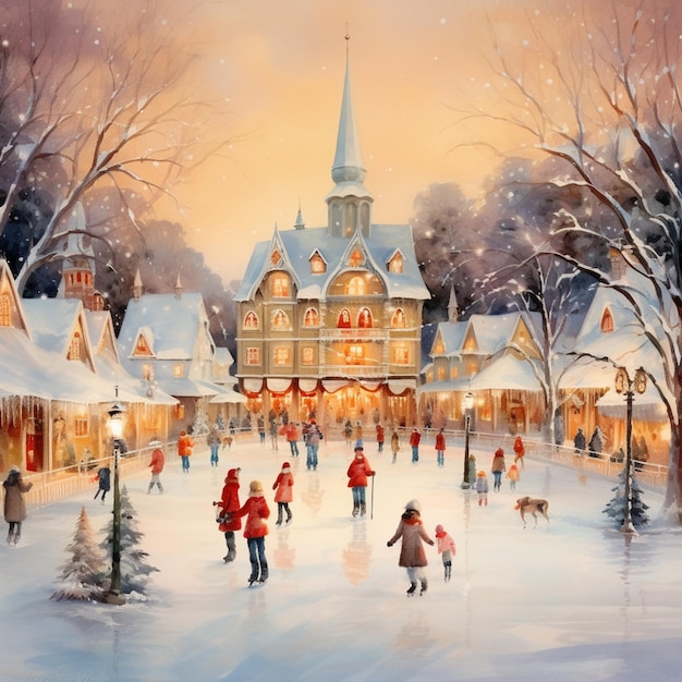 Schilderij van een kerstdorp met schaatsende mensen en een generatieve ai kerk