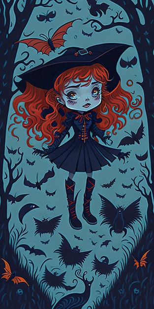 schilderij van een kinderlijke roodharige heks met diverse vleermuizen en spinnen