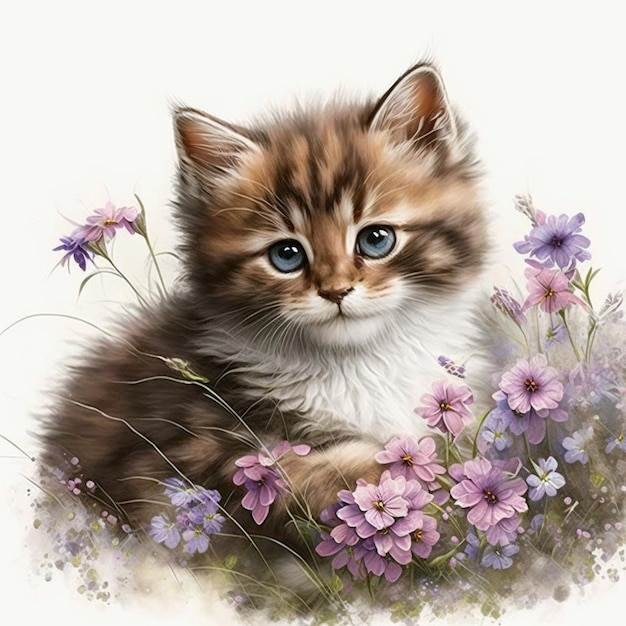 schilderij van een kitten in een veld met bloemen met een witte achtergrond generatieve ai